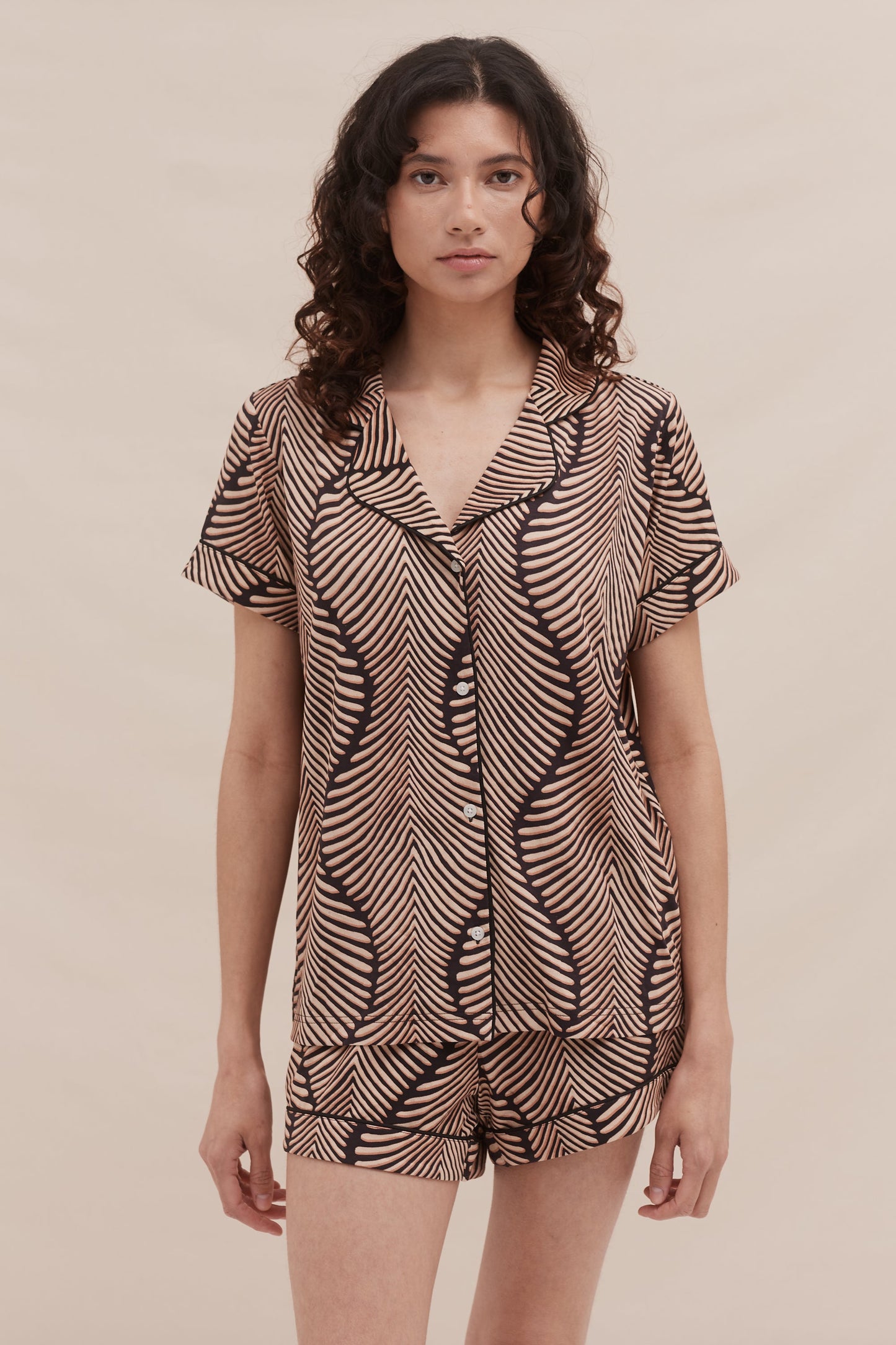 Palm Rhythm Short Set β Mocha Wave Leaf Print