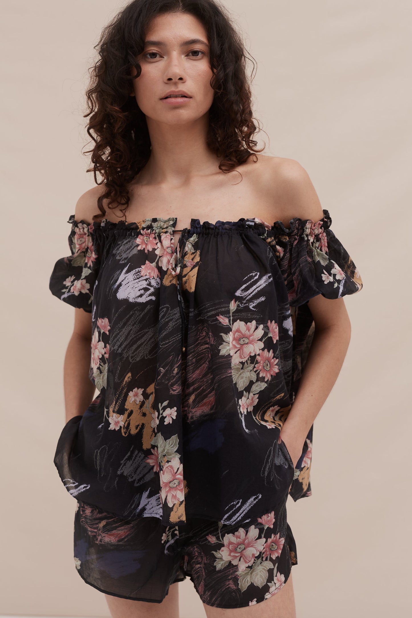 Midnight Bloom Off-Shoulder Short Set