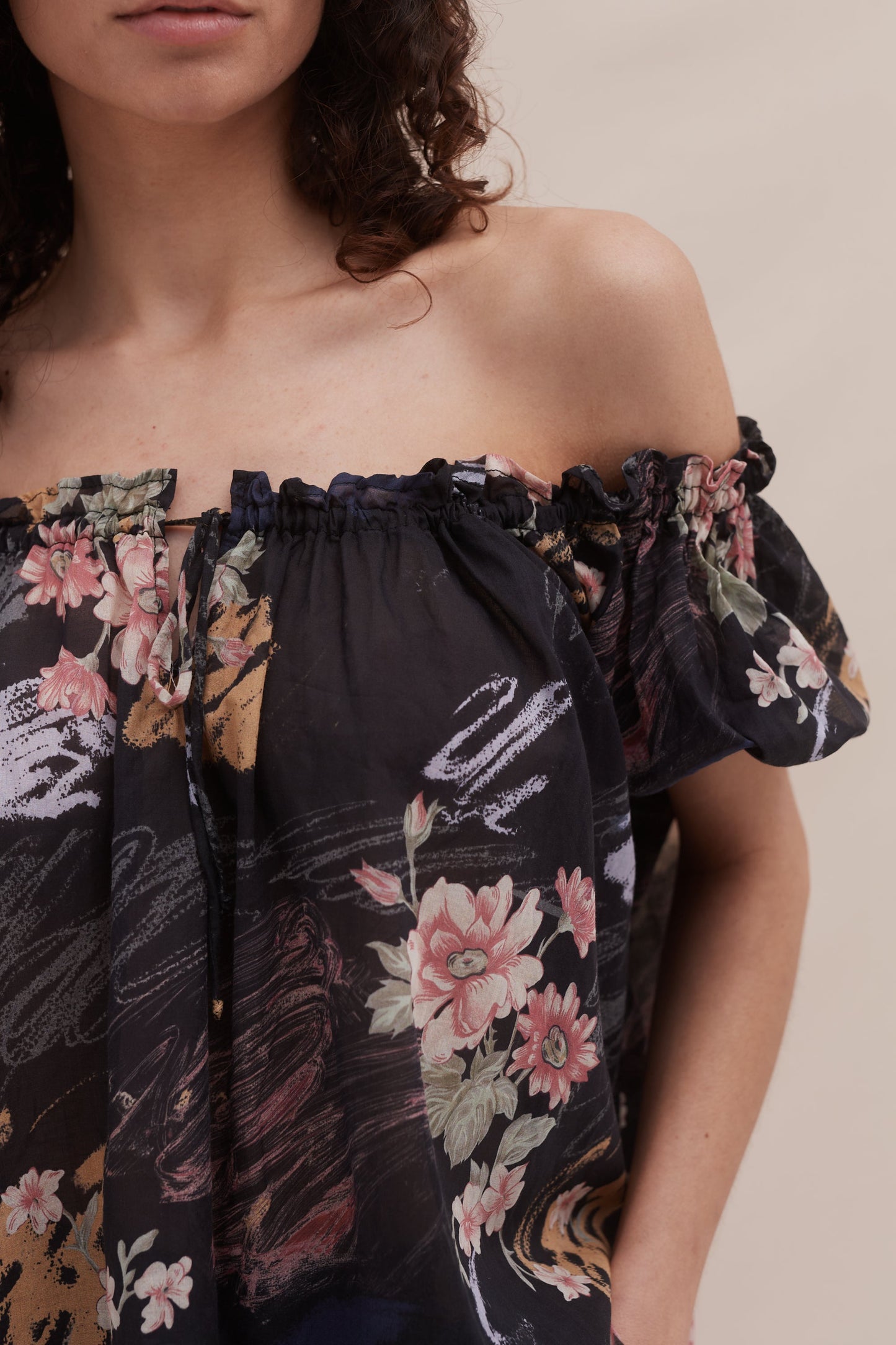 Midnight Bloom Off-Shoulder Short Set