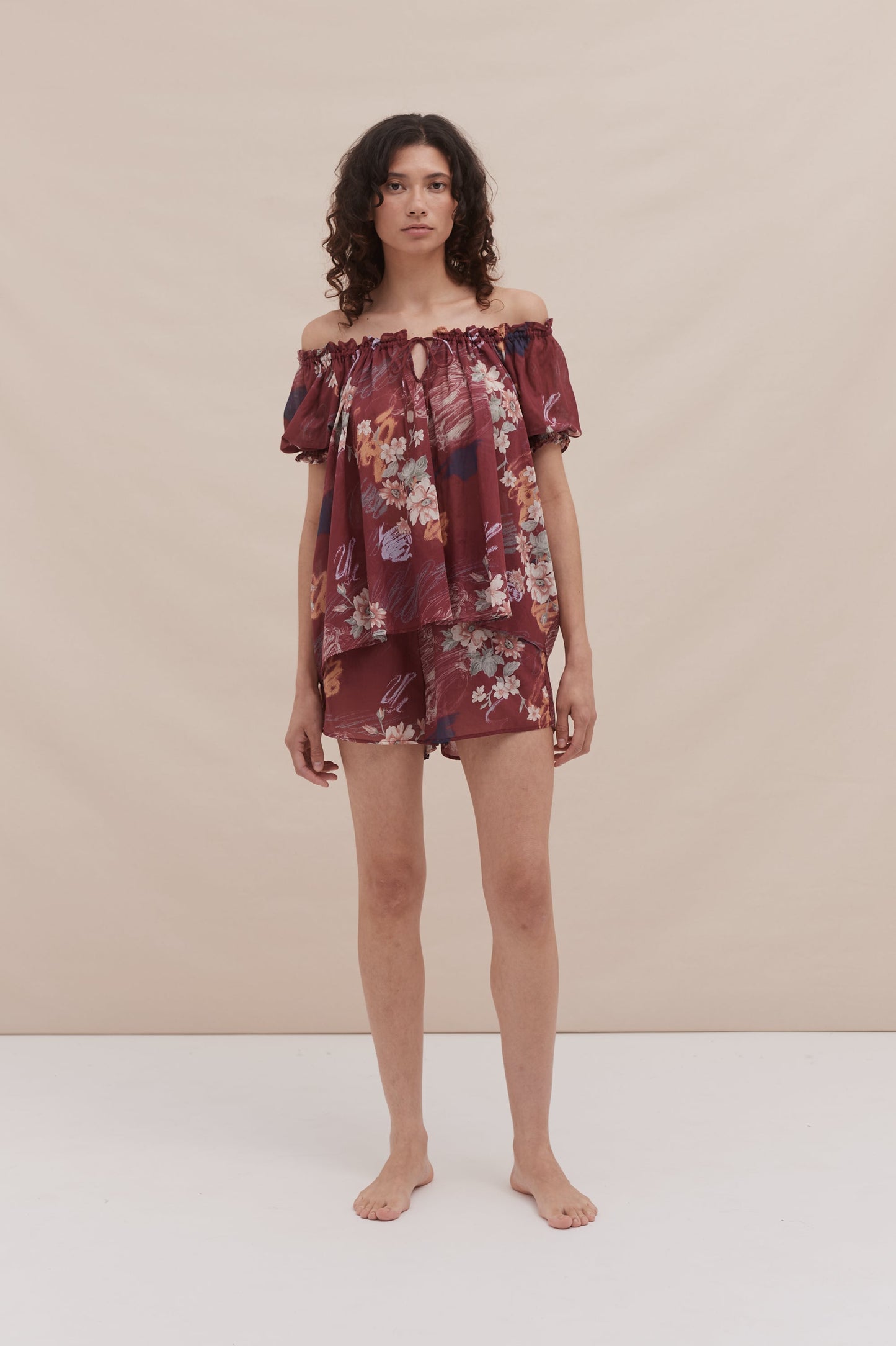 Wine Bloom Puff Sleeve Lounge Set