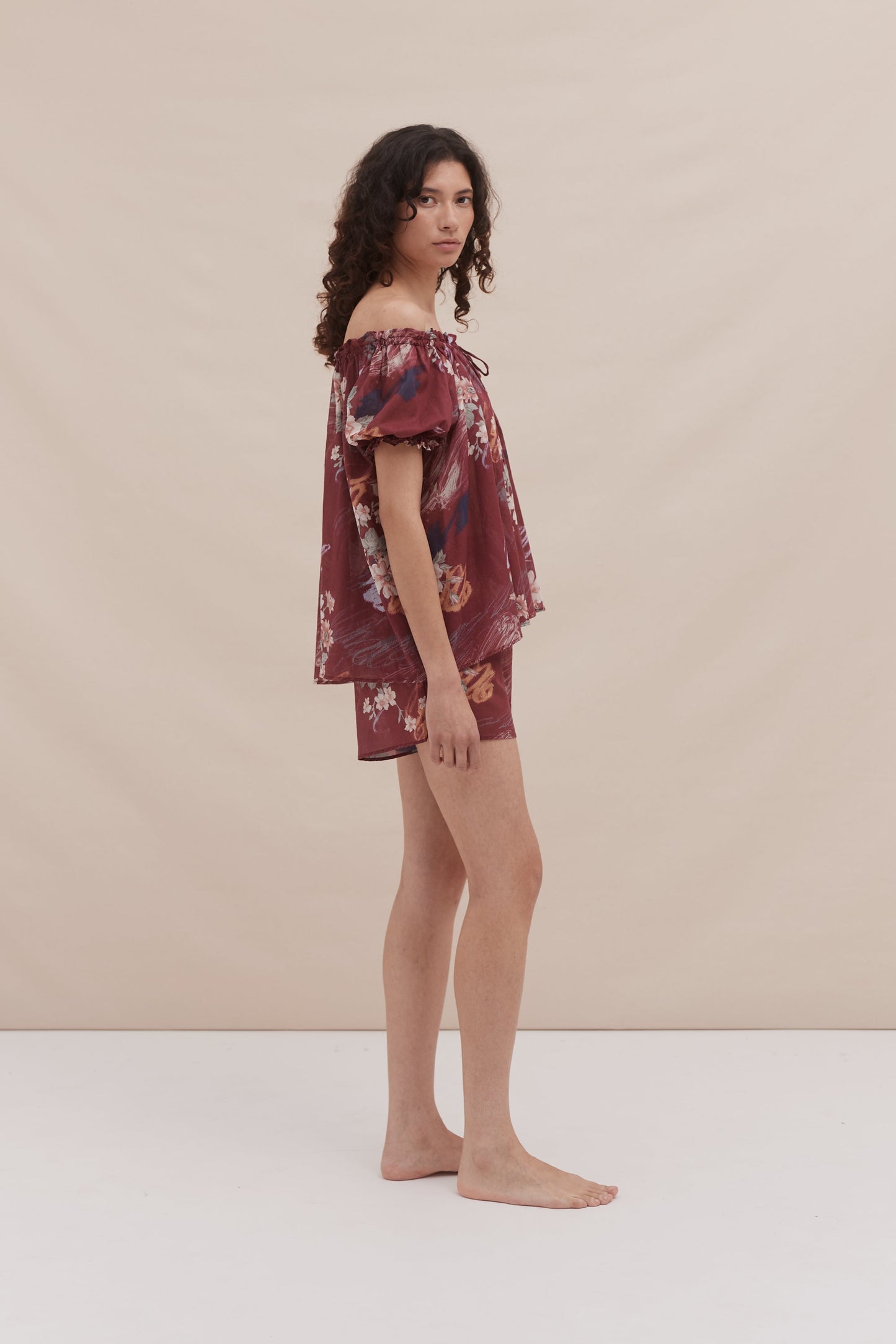Wine Bloom Puff Sleeve Lounge Set
