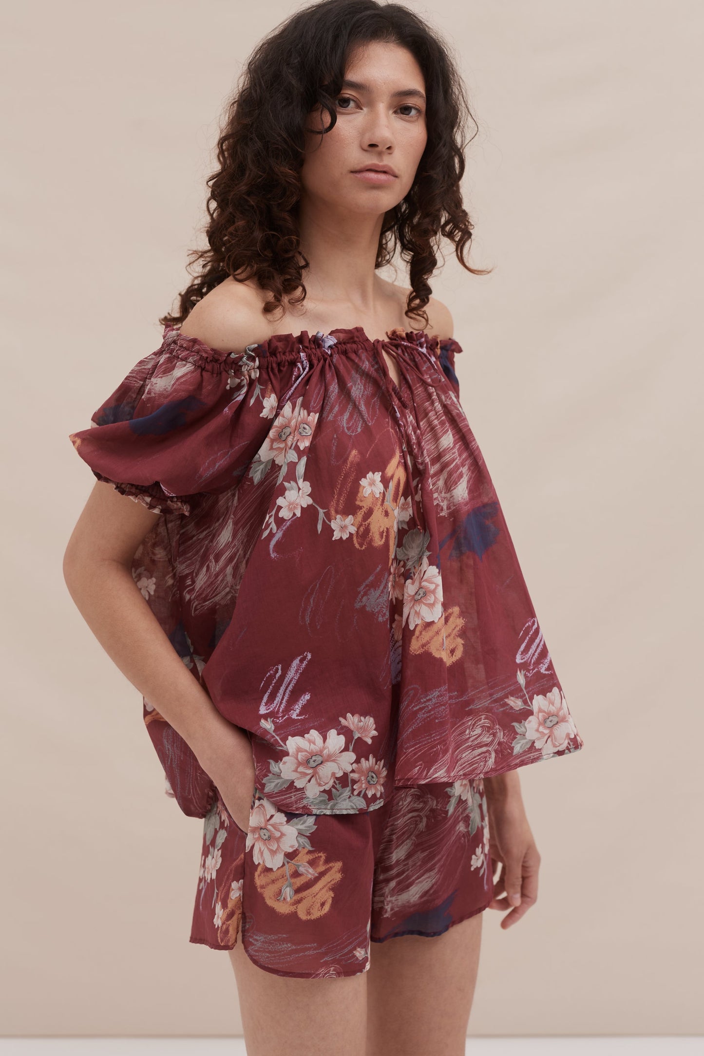 Wine Bloom Puff Sleeve Lounge Set