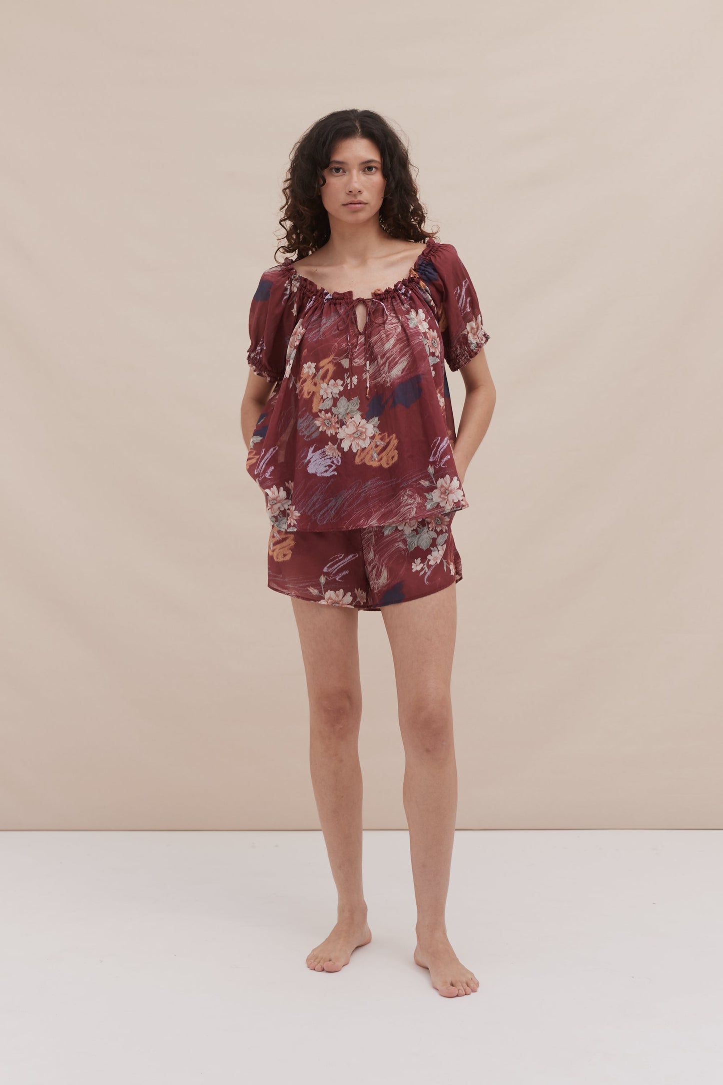 Wine Bloom Puff Sleeve Lounge Set
