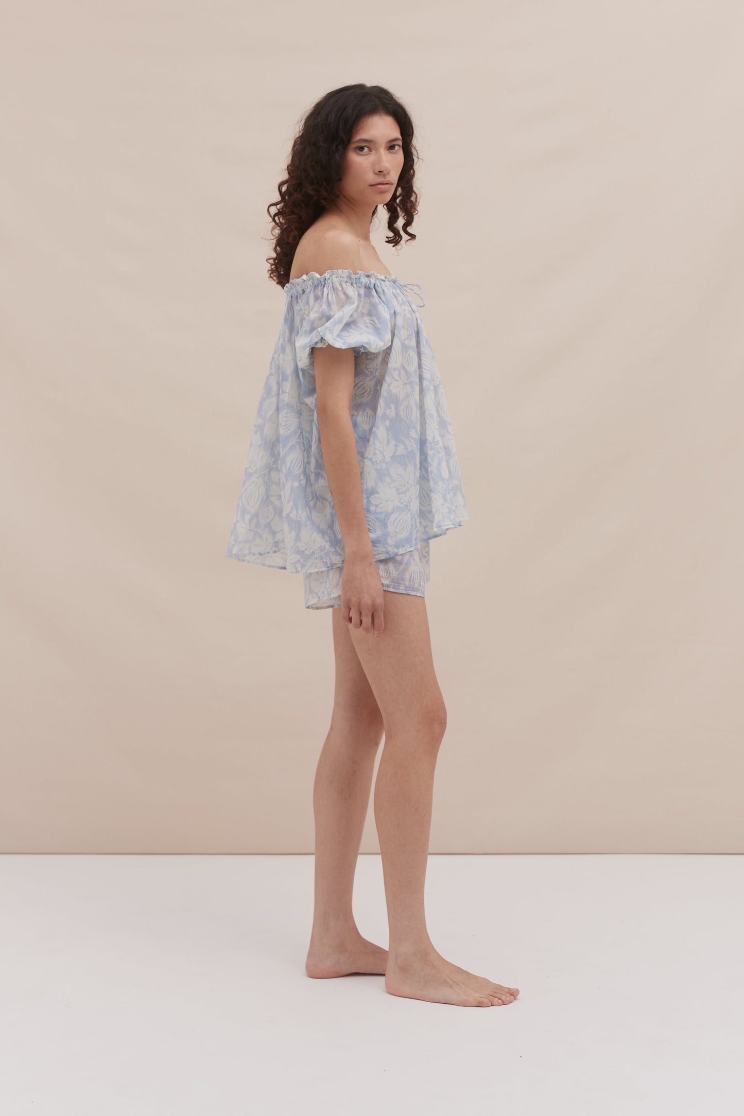 Cloud Bloom Off-Shoulder Cotton Lounge Set – Blue