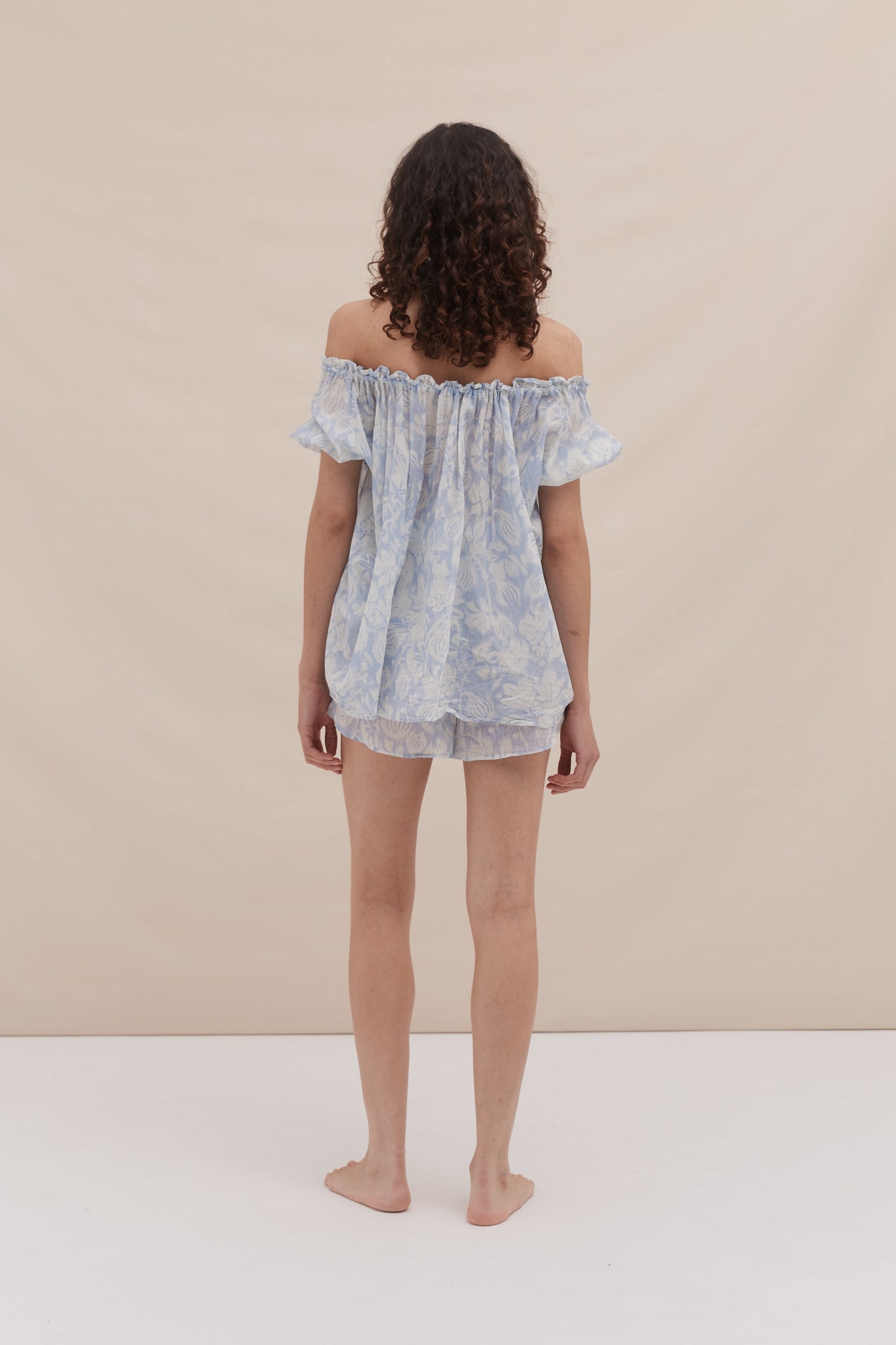 Cloud Bloom Off-Shoulder Cotton Lounge Set – Blue