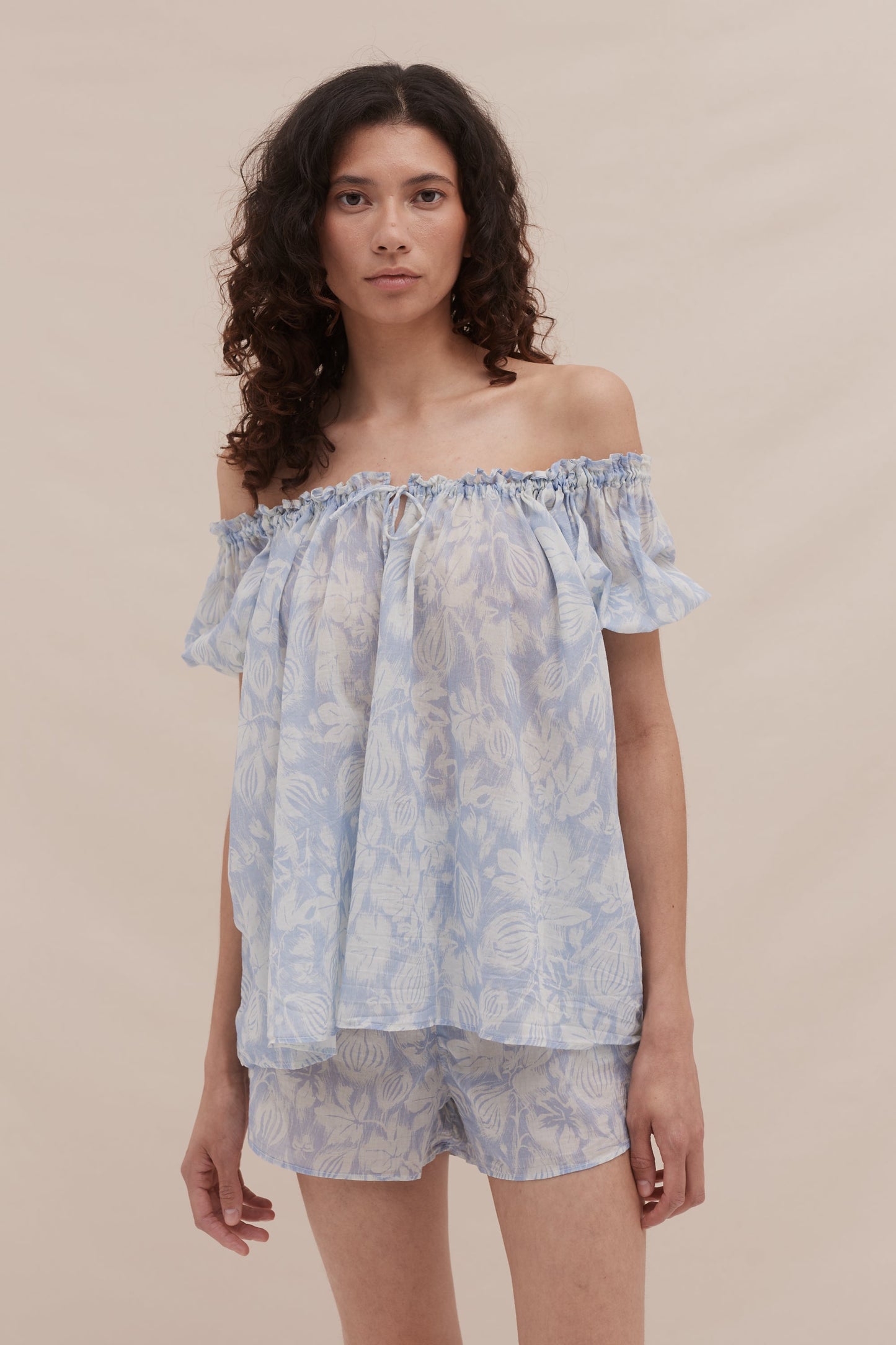 Cloud Bloom Off-Shoulder Cotton Lounge Set – Blue