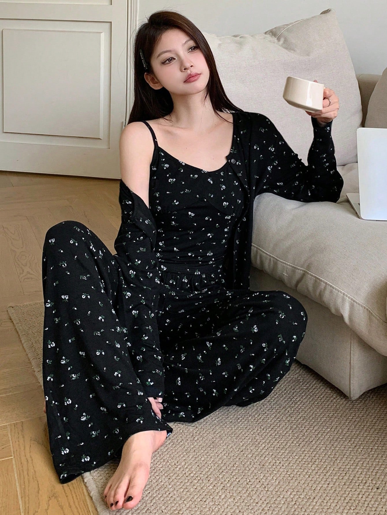 Midnight Bloom β 3-Piece Ditsy Floral Pajama Set