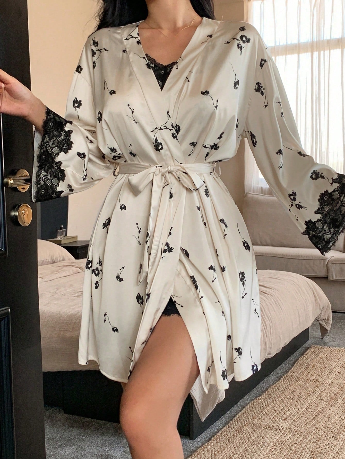 Midnight Muse β 3-Piece Satin Lace Pajama Set