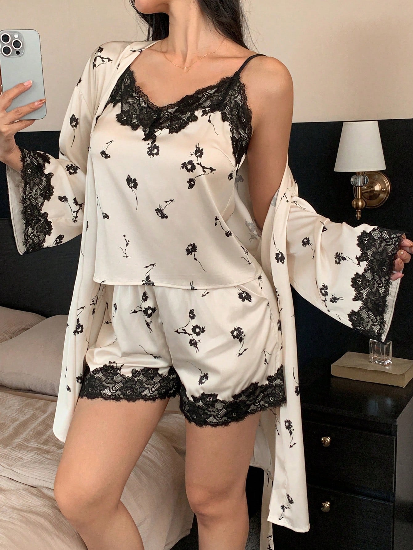 Midnight Muse β 3-Piece Satin Lace Pajama Set