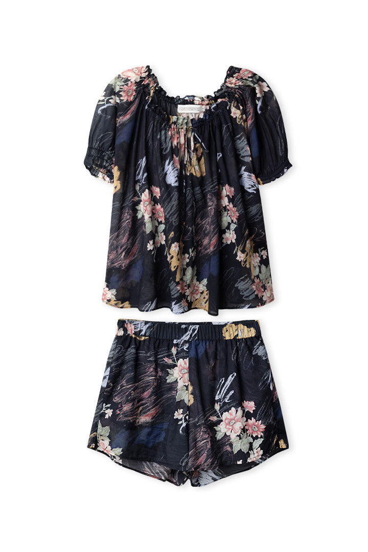 Midnight Bloom Off-Shoulder Short Set
