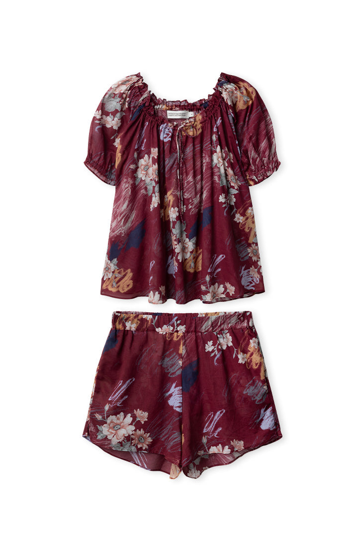 Wine Bloom Puff Sleeve Lounge Set