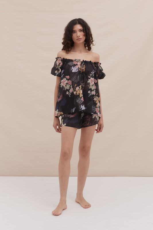 Midnight Bloom Off-Shoulder Short Set