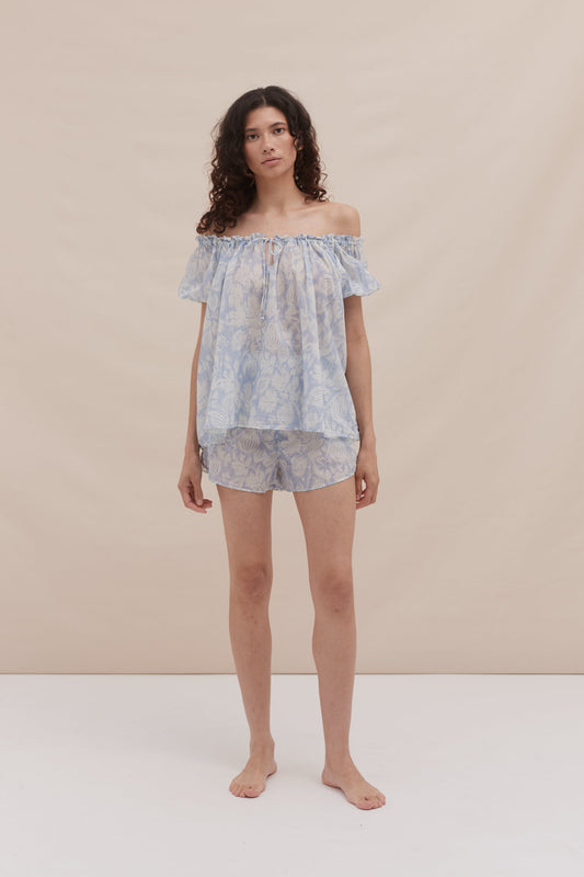 Cloud Bloom Off-Shoulder Cotton Lounge Set – Blue